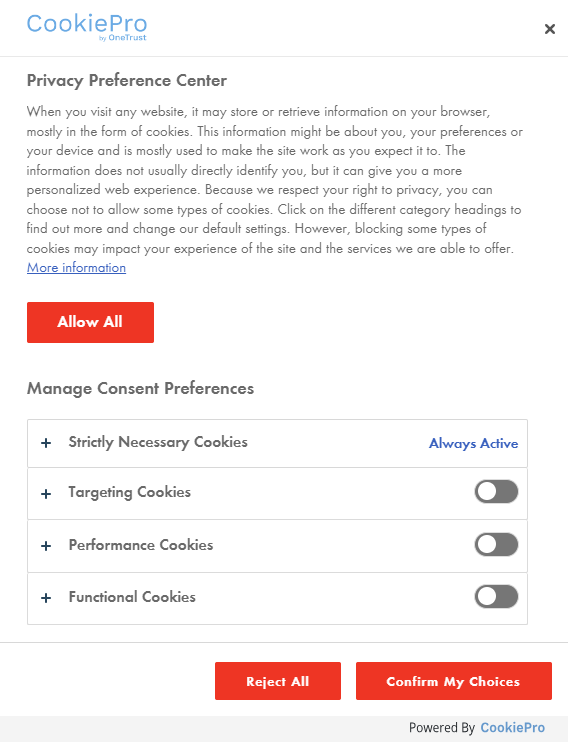 A screenshot of consent options for categorised groupings of cookies on the RSC website. The window is a tall rectangle with multiple opt-in toggles, allowing users to select consent;  targeting, performance, functional